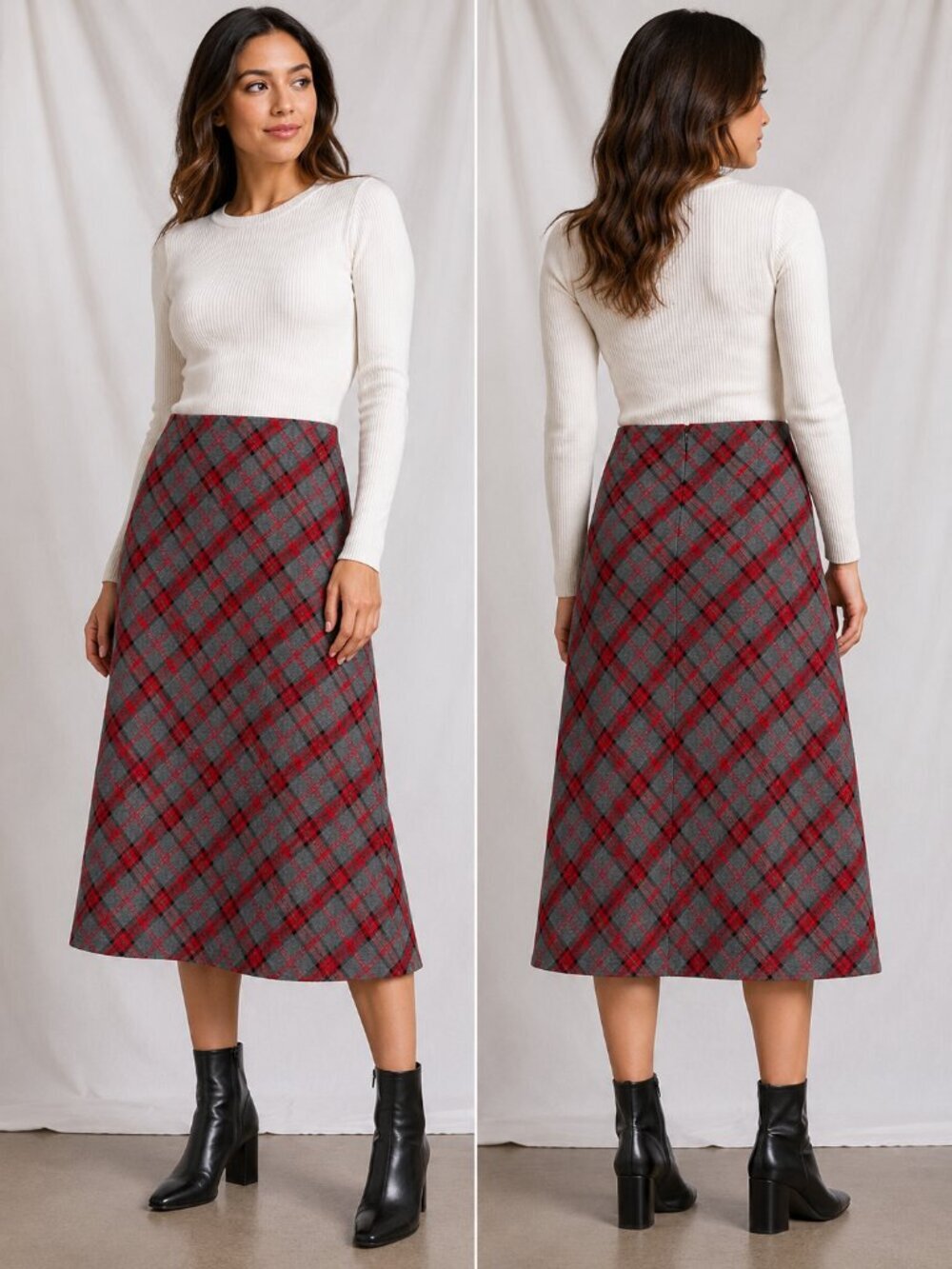 Vintage Plaid Midi Skirt Red Gray Black A-Line Estimated XL